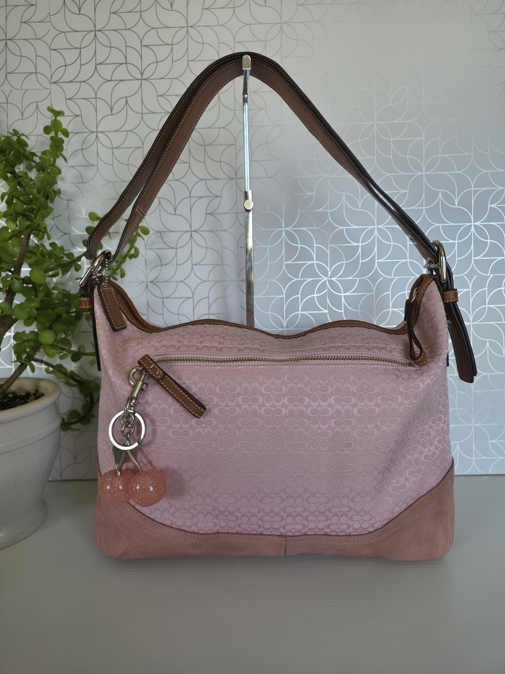 Coach Pink Shoulder Bag with Brown Trim and Cherry Charm